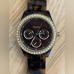 Fossil Ladies Watch Crystal Accents Bronze Copper Dial Tortoise Shell Bracelet